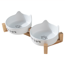毛皇上 木架貓耳陶瓷碗 雙碗 魚骨碗 + 貓掌碗 + 木架, 白色, 1組