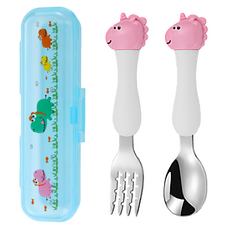 Jasmine’s Kitchen 小茉廚房 304不鏽鋼兒童學習輔食餐具套組, 1組, 湯匙 + 叉子 + 收納盒, 粉色獨角獸