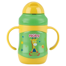 Nuby 不銹鋼真空學習杯 雙耳把手 粗吸管, 長頸鹿, 220ml, 1個