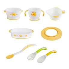 PiYOPiYO黃色小鴨 一階段學習餐具組 防滑單耳研磨碗, 雙耳碗 + 長湯匙 + 叉匙 + 雙耳杯 + 雙耳餐盤 + 餐具用防滑吸盤, 黃色 + 綠色, 1組