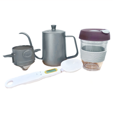 FUJI-GRACE 富士雅麗 細口壺手沖咖啡禮盒組, 玻璃杯350ml + 不鏽鋼細口壺600ml + 電子量勺 + 掛耳式摺疊濾網, 1組