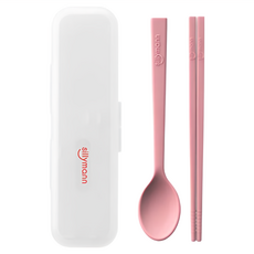 Sillymann 鉑金矽膠兒童餐具 便攜式收納盒 輕巧衛生美觀 聲音小 壓花處理防滑 可用沸水消毒、進洗碗機, 粉色, 筷子1雙 + 湯勺1入 + 收納盒1個, 1組