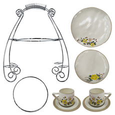JUST HOME 芸語螺紋蛋糕盤組 咖啡杯盤, 杯2個 + 碟2個 + 10吋盤 + 7吋盤 + 盤架, 朵花 + 覓蜜, 1組