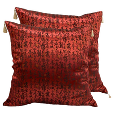 J&N 詩韻草書流蘇抱枕 Set 2 正方形 聚酯纖維 套裝, 紅色