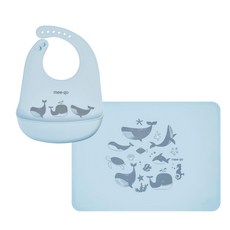 mee-go 防漏圍兜+防汙桌墊組 矽膠材質 柔軟舒適 6階段長度調整功能, 藍色, 1組, 2個