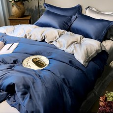 A-nice 雅妮詩 60支 100%天絲雙色配床包被套組, 床包188 x 152 x 36cm + 被套212 x 182cm + 枕套75 x 48cm, 深藍