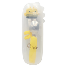 PUKU 藍色企鵝 三指環設計 輕鬆學習拿筷子 湯匙勺面加深 方便餵食 筷頭加寬 夾取更容易, 黃色, 學習筷1雙 + 湯匙1入 + 收納盒1入, 1組