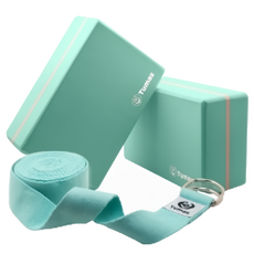 Tumaz 月熊 EVA瑜珈磚2入1繩組, 硬度50D, 環保安全EVA材質, 止滑減震, 堅固耐用, 瑜珈磚23 x 15 x 7.7cm + 瑜珈繩305cm, 冰川綠, 1組