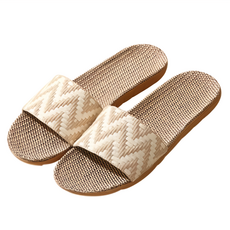 波浪一字編織亞麻拖鞋, 100%聚酯纖維鞋面, 100%亞麻中底, EVA鞋底, 波浪沙色, 37~38號