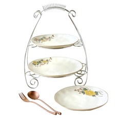 JUST HOME 芸語陶瓷螺紋蛋糕盤, 7吋盤2個 + 10吋盤1個 + 收納架1個, 1組