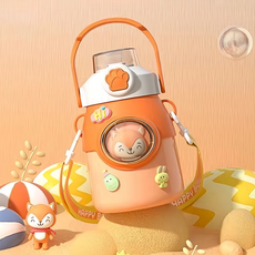 Mass 萌寵兒童不銹鋼保溫吸管杯 650ml, 陽光橙 + 狐狸, 1個