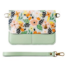 ekax 輕巧皮革卡夾包 附手腕繩, 136 x 104mm, 綺麗花旅 綠色