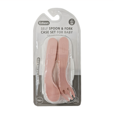 Edison 愛迪生幼兒自主彎彎湯叉組 (防汙支架式含收納盒), 粉色, 湯匙128 x 33mm + 叉子130 x 36mm + 收納盒142 x 71mm, 1組