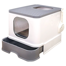 抽屜式雙門貓砂盆，超大空間，防塵隔臭，方便清理, F, 灰色, 1個