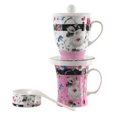 蕾絲花系列陶瓷滴漏杯, 濾杯1個 + 濾杯底座1個 + 杯子1個 + 杯蓋1個 +濾杯架1個 + 湯匙1支 + 不鏽鋼濾網1個, 250ml, 1組