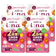 elleair 艾黎艾爾 i:na 2倍巻 雙層印花捲筒衛生紙 柔軟親膚 減少卷寬, 46m, 12捲, 4袋