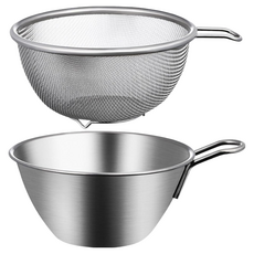 SP SAUCE不鏽鋼附手柄調理碗籃組 廚房料理好幫手, 瀝水籃 + 料理碗, 18.6 x 15 x 7.7cm + 18.5 x 15 x 7.6cm, 1組