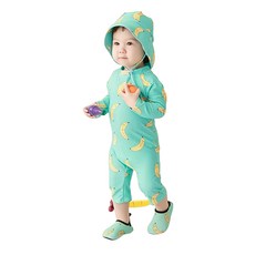 愛北鼻 寶寶長袖連體泳衣 附遮陽帽, 8碼, 綠底黃香蕉