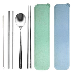 OMORY 不鏽鋼六合一餐具吸管組附盒 #304 #316不鏽鋼 環保餐具, 湯匙 + 筷子 + 直吸管 + 粗吸管 + 清潔刷 + 收納盒, 藍色 + 綠色 + 銀色, 1組