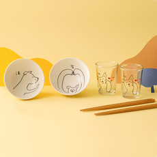 Mao's 樂陶陶 李瑾倫聯名款 愛狗雙碗玻璃杯禮盒組, 小碗2個(200g 11.5 x 6cm)+玻璃杯2個(166ml 6.6 x 8.5cm)+筷子2雙(21cm), 混合色, 1組