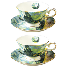 Royal Duke 梵谷油畫系列骨瓷咖啡對杯2入組 咖啡杯具, 麥田與柏樹 白色, 1組