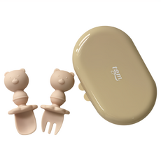 Tgm 矽膠兒童餐具組, 小熊款, 湯匙1入 + 叉子1入 + 收納盒1入, 珊瑚粉, 1組