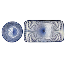 JUST HOME 陶瓷餐具6件組, 4個方盤 + 2個調味碟, 日式藍十草, 1組