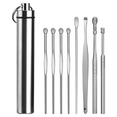 便攜不鏽鋼掏耳工具組 多種挖耳勺頭設計 附收納盒 全家適用, 8件, 1組