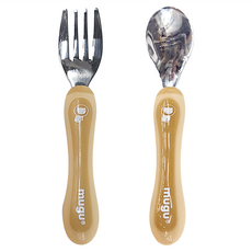 mugu 沐咕寶貝 不鏽鋼幼兒湯叉組, 304不鏽鋼材質, PP材質, 圓潤邊緣設計, 奶茶獅子王, 1組