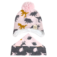 小綠豆居家百貨 兒童保暖毛帽 + 圍脖 粉侏儸紀 S(帽圍 42~46cm + 圍脖 48~54cm) 針織, 1組