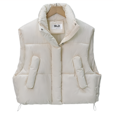 立領好比例短版保暖羽絨背心, 口袋設計, 全長48cm 胸寬48cm 領口11cm, 米白