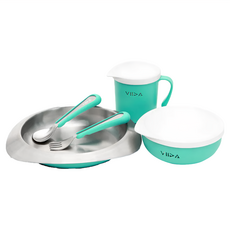 VIIDA Souffle 抗菌不鏽鋼套組, 碗 + 盤子 + 杯子 + 湯匙 + 叉子, 湖水綠, 1組