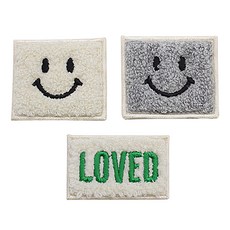時尚點 毛絨刺繡貼布組, 1組, 白色+灰色(四角笑臉款)+綠色(Loved款)