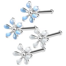 Brilliant Beauty 耀眼美人 迷你琺瑯小花養耳棒醫療鋼/鈦鋼耳環4件組, 藍色白色
