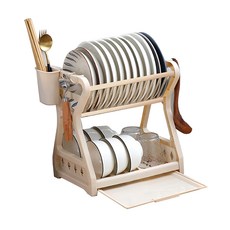 碗盤瀝水架 多功能 帶掛勺 帶筷子筒 帶接水盤, 2層, 杏色, 1個