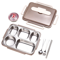 Cooksy 304不鏽鋼多格保溫便當盒 附餐具 + 湯碗 + 保溫袋 防漏密封手提餐盒 2L 5格, 卡其色, 1個