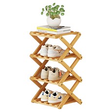 小麥購物 竹製免安裝折疊收納鞋架 L1448 26 x 26 x 54cm 4層, 原木色, 1個