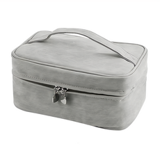 手提大容量化妝包, 尼龍+羊巴紋材質, 23.5 x 16 x 12cm, 灰色