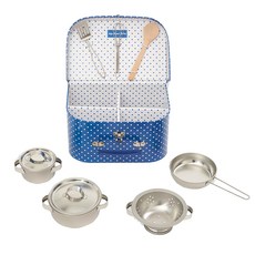 jojo maman bebe 實木系列 家家酒餐廚具組 角色扮演益智玩具, 1入, 藍色, 最大鍋:9.5 x 4cm