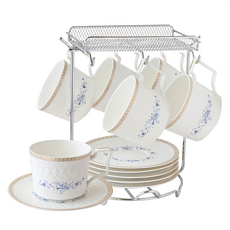 JUST HOME 韋格納新骨瓷咖啡杯盤組 6入附銀色收納架 精緻典雅宮廷花色, 1組, 白色