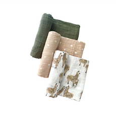 Little Unicorn 純棉紗布巾 Set 3入, 天然纖維 柔軟舒適 輕柔透氣 精裝禮盒, 羊駝出沒, 120 x 120cm