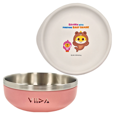 VIIDA 熊大和碰碰狐鯊魚寶寶抗菌不鏽鋼餐碗 304不鏽鋼 食品級矽膠碗蓋, 甜心粉, 1組