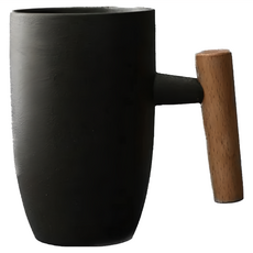 陶瓷木柄馬克杯 450ML 贈湯匙+杯蓋, 黑色, 1個