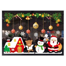 摩達客 無痕窗貼玻璃貼 Set 2張, 75 x 35cm, 聖誕老人雪人小紅屋