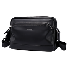 真皮頭層牛皮雙拉鍊男士肩背包 斜背包 男包 黑色 容量7.9吋 iPad, 長度25 x 高度17cm