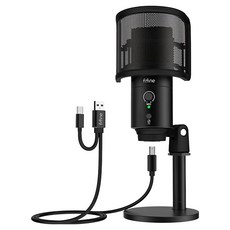 Fifine K683B USB 心型指向電容式麥克風 一鍵靜音 收音音量旋鈕, 黑色