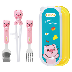 Edison 愛迪生 4種餐具組（右手專用）,長時間使用也不會對手指造成負擔,使用方便的寬大收納盒,防滑壓痕處理, 粉紅小豬款, 湯匙*1+叉子*1+右手學習筷*1+收納盒*1, 1組