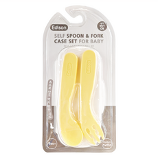 Edison 愛迪生 幼兒自主彎彎湯叉組 (防汙支架式), 黃色, 湯匙128 x 33mm + 叉子130 x 36mm + 收納盒142 x 71mm, 1組
