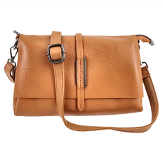 頭層牛皮三拉鍊雙背帶女士斜背包女包, 25.5 x 14 x 20cm, 棕色