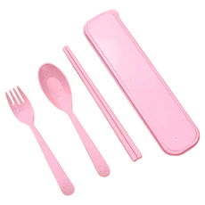 小麥餐具3件組 環保餐具, 粉色, 筷子 + 湯匙 + 叉子 + 外盒, 1組